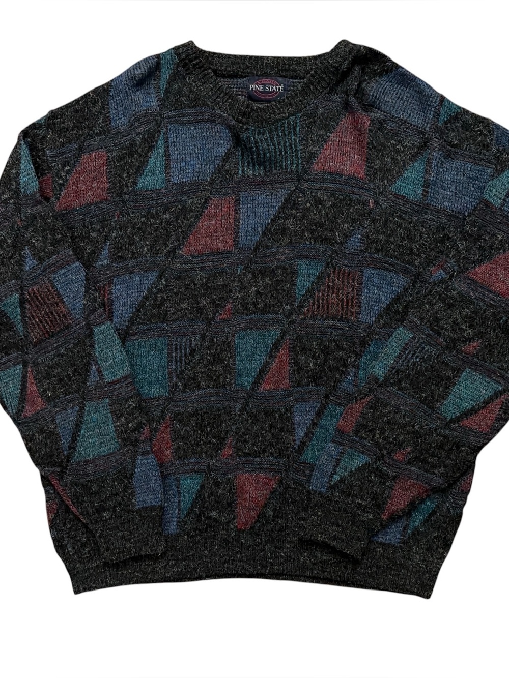 Pine State Sweater Mens L Pullover Crewneck Abstract Wool Knit Blue Vintage